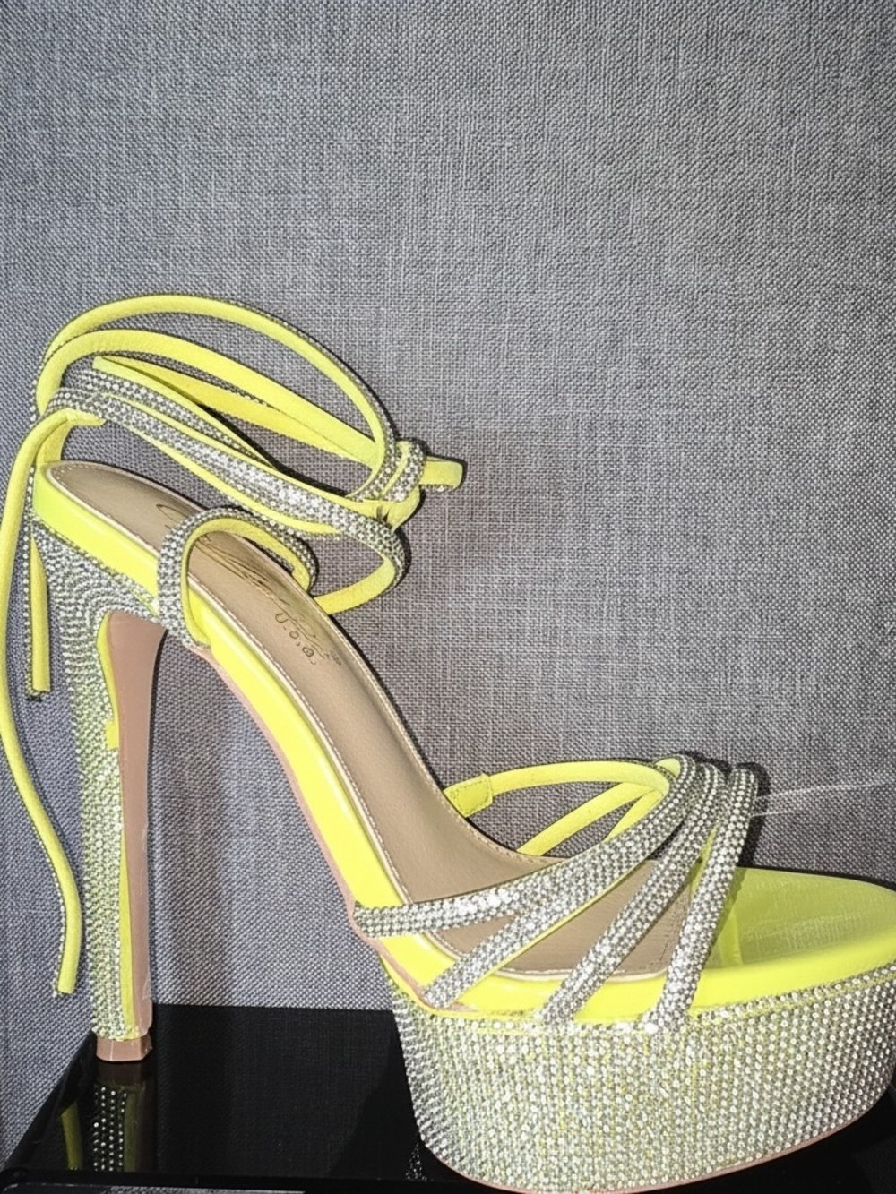 Luminous Yellow Rhinestone Lace-Up Platform Heels - Picture 3 of 15